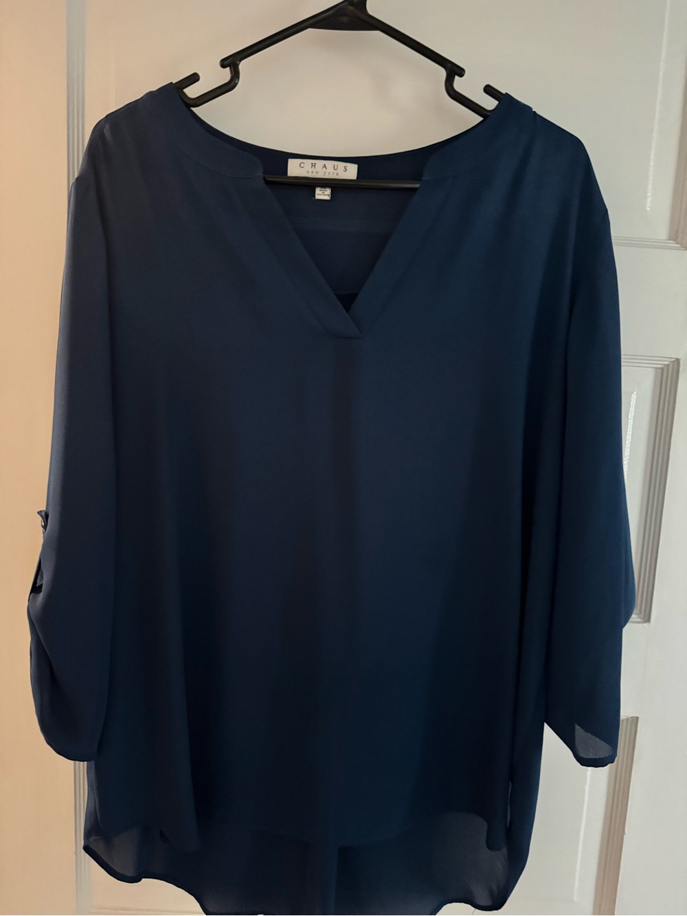 Chaus Navy Blue V-Neck Sheer Tunic Blouse
